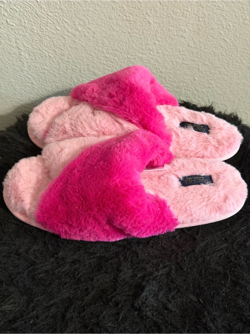 RACHEL Rachel Roy Plush Cross-Band Slide Slippers in Light Pink and Hot Pink